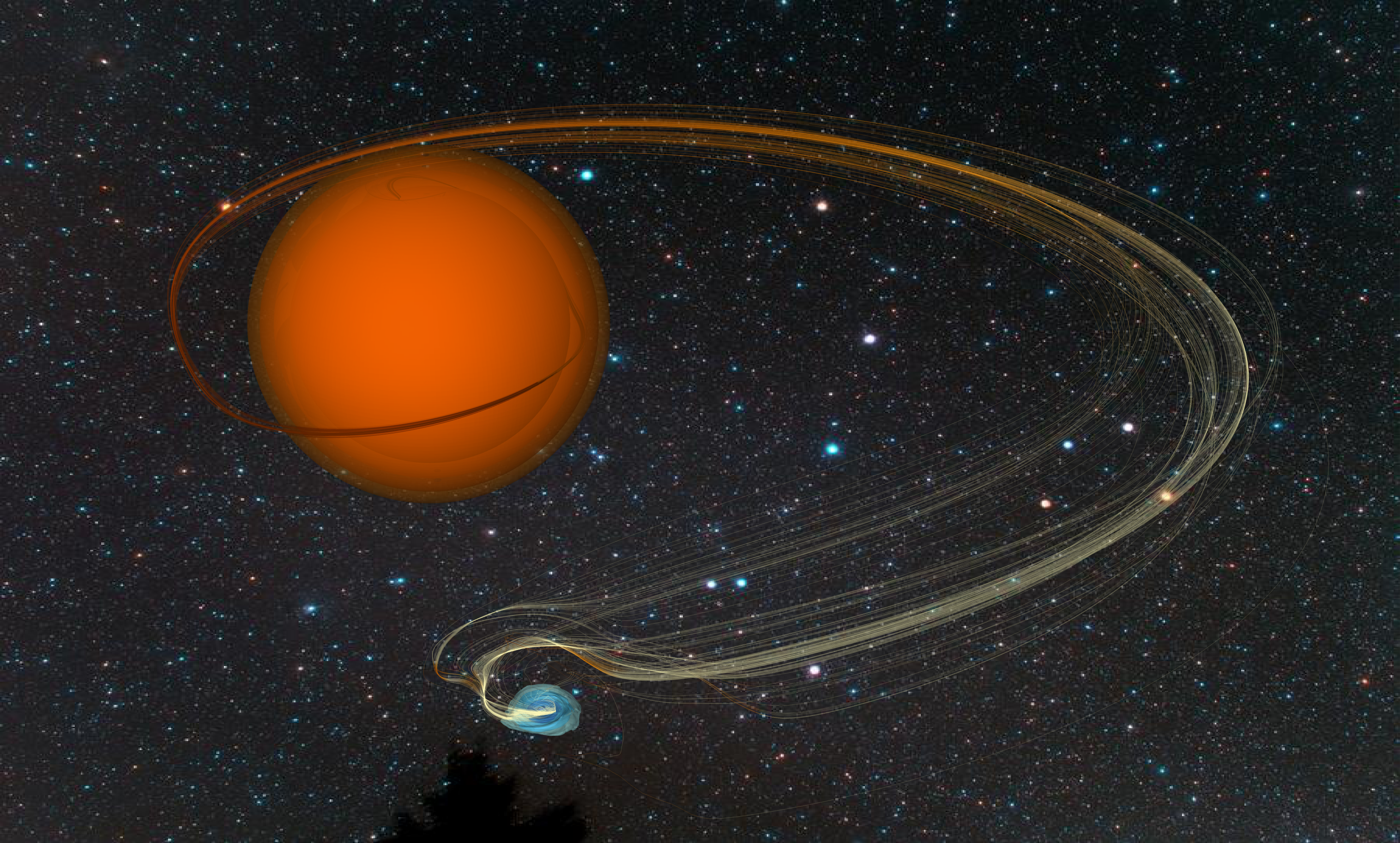 
An artistic impression based on a computer simulation of the <a href="https://www.sdss4.org/press-releases/a-giant-meal-for-a-dwarf/">Draco C1 symbiotic binary star system</a> showing material flowing off the red giant star onto the white dwarf. These systems are the progenitors of some types of supernovae.
Image credit: John Blondin, North Carolina State University; See <a href="https://ui.adsabs.harvard.edu/abs/2020ApJ...900L..43L/abstract">Lewis et al. 2020</a>
