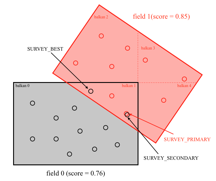 Toy example of resolve, in terms of a survey with only two fields. The balkans it is broken up into are shown. The background color indicates which field is primary in which area. The RUN_PRIMARY objects for each field are shown. Except in the indicated cases, these all become SURVEY_PRIMARY in the resolve.