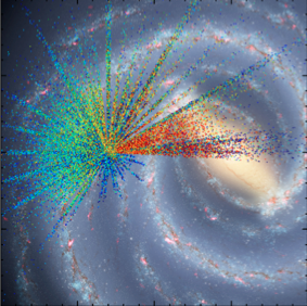 An artist's conception of the Milky Way Galaxy, overlaid with points showing the location of APOGEE stars. The color of the points represents the overall abundance of heavier elements in the star: blue points have relatively fewer heavy elements than red points.