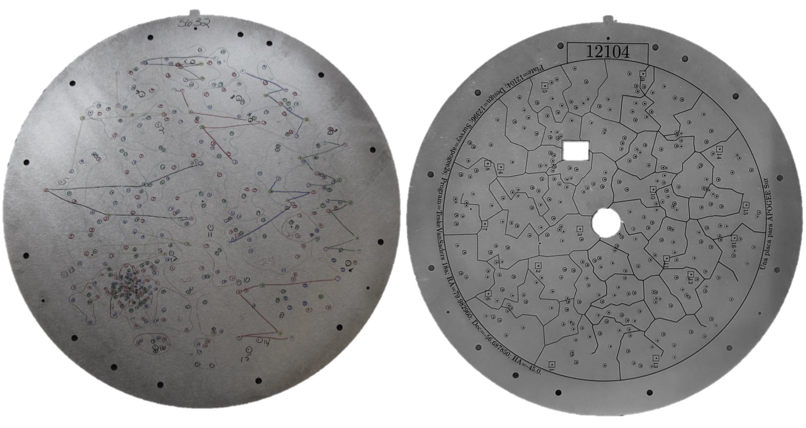  Example plug plates for the APOGEE-N (left) and APOGEE-S (right) instruments. The plates are the same physical size, but due to the focal ratio of the respective telescopes, the plates have a different plate scale and span different angular extents on the sky. The APOGEE-N plates are marked by hand, whereas the APOGEE-S plates are machine labeled.   