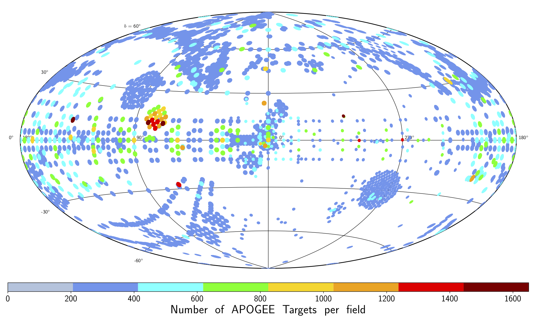  A map of the individual fields targeted by APOGEE-1 and APOGEE-2 and having observations included in DR17 (click to enlarge). The fields are color-coded by the number of targets in DR17. 
