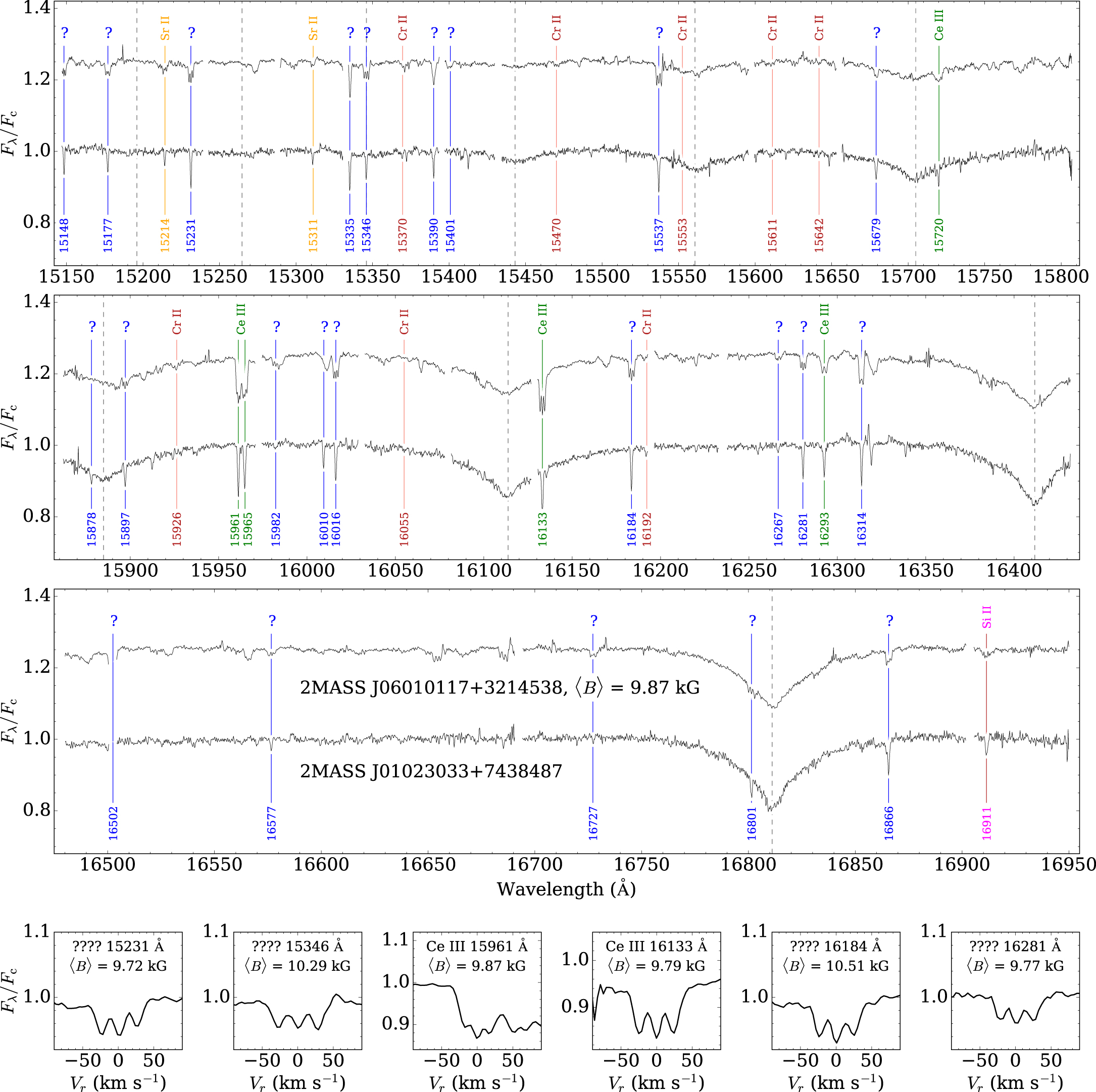 
An example spectrum of a star with extremely strong magnetic fields that amplify the expression of some rare chemical species. APOGEE's large database of blue stars (used for telluric corrections) tripled the number of such stars known in the Galaxy.
Figure Credit: <a href="https://ui.adsabs.harvard.edu/abs/2019ApJ...873L...5C/abstract">Chojnowski* et al. 2019</a>
